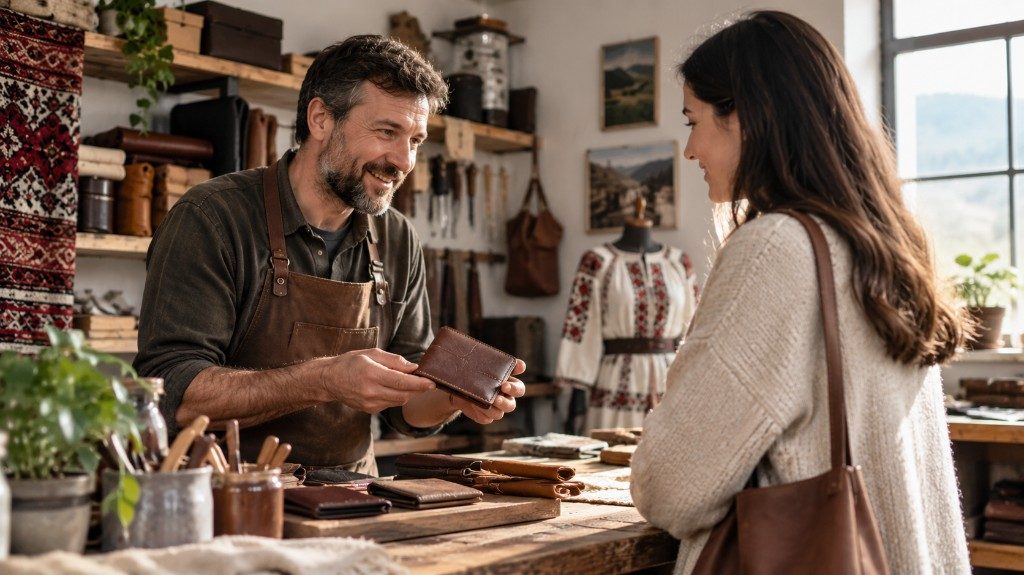 Producător român și cumpărător față în față, cu un produs fabricat local între ei.
